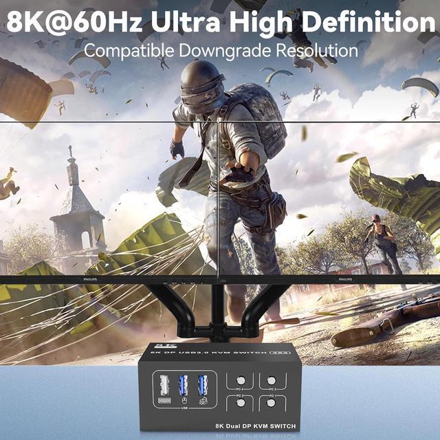 IHDAPP 8K 60Hz Displayport USB 3.0 KVM Switch 2 Monitors For 4 Computers 4K 144Hz DP1.4 Dual Monitor Displayport KVM Switch 4 Port With 4 USB Ports DP KVM Switch For 4 PCs Wired Controller Included