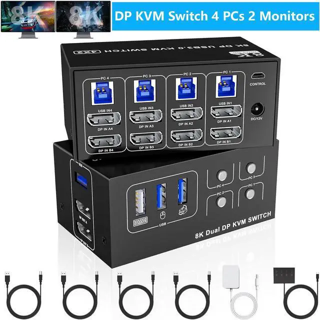 IHDAPP 8K 60Hz Displayport USB 3.0 KVM Switch 2 Monitors for 4 Computers 4K 144Hz DP1.4 Dual Monitor Displayport KVM Switch 4 Port with 4 USB Ports DP KVM Switch for 4 PCs Wired Controller Included