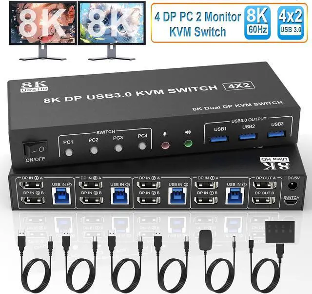 IHDAPP 8K 60Hz Displayport USB 3.0 KVM Switch 2 Monitors 4 Computers DP1.4 KVM Switch Dual Monitor with Audio Microphone Output and 3 USB 3.0 Ports 4 Port Displayport KVM Switch for 4 PCs 2 Monitors
