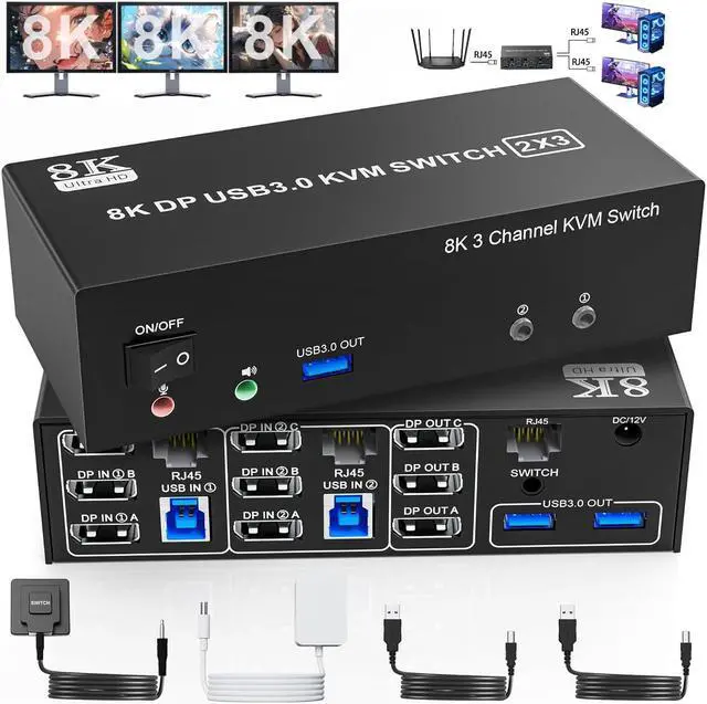 IHDAPP 8K 60Hz Displayport USB 3.0 KVM Switch 4K 144Hz DP1.4 Displayport KVM Switch Triple Monitor for 2 Computer Share 3 Monitors RJ45 Ethernet Splitter 1 to 2 Audio Mic Port and 3 USB 3.0 Devices