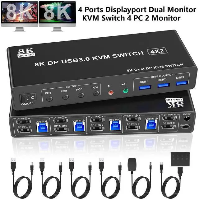 IHDAPP 8K 60Hz Displayport USB 3.0 KVM Switch for 2 Monitors 4 Computer 4 Port DP1.4 Dual Monitor KVM Switch with Audio Microphone Output and 3 USB 3.0 Ports 8K DP Monitor Switch for 4 PCs 2 Monitor