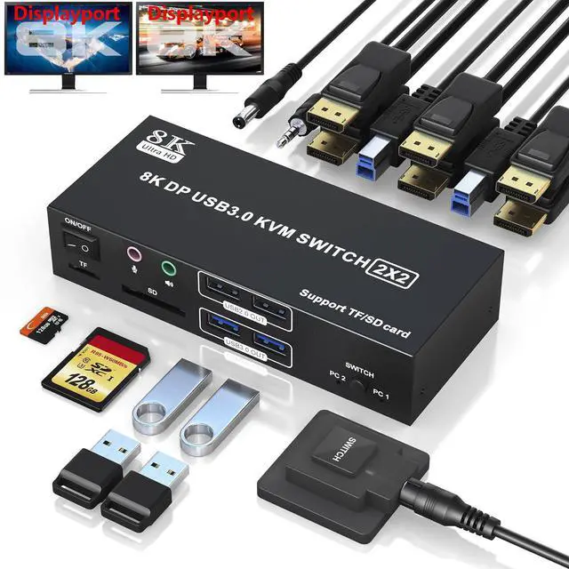 IHDAPP 8K 60Hz Dual Monitor Displayport KVM Switch 2 Monitors 2 Computers 4K 120Hz USB3.0 KVM Switch Displayport with Audio Microphone Output and 4 USB Ports SD/TF Slots Support Extended & Copy Mode