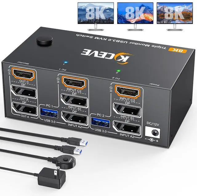 IHDAPP 8K 60Hz HDMI + 2 Displayport KVM Switch 3 Monitors 2 Computers 4K 144Hz Triple Monitor KVM Switches for 2 PCs 3 Monitors with 4 USB 3.0 Port Wired Remote Power Adapter & USB3.0 Cables Included