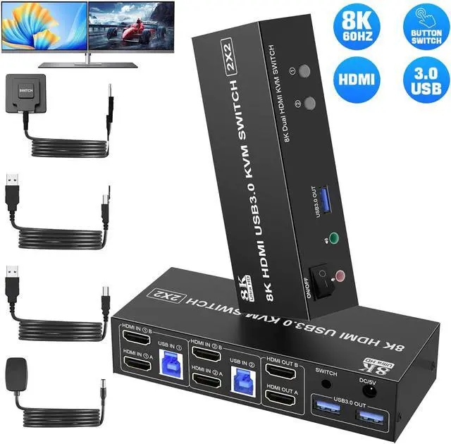IHDAPP 8K 60Hz HDMI Dual Monitor KVM Switch 2 Port HDMI KVM Switch for 2 Monitors 2 Computers with 3 USB 3.0 Ports Extended Display Switcher with Audio Microphone PC Monitor Keyboard Mouse Switch
