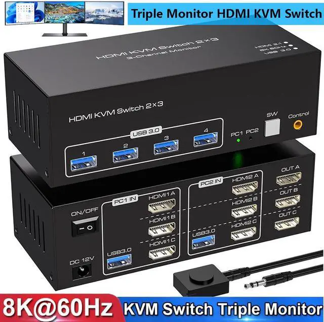 IHDAPP 8K 60Hz HDMI KVM Switch 3 Monitors 2 Computers USB 3.0 Triple Monitor KVM Switcher with 4 USB Ports for 2 PCs Support Extended&Copy Mode Wired Controller 12V DC Adapter 2 USB Cables Included