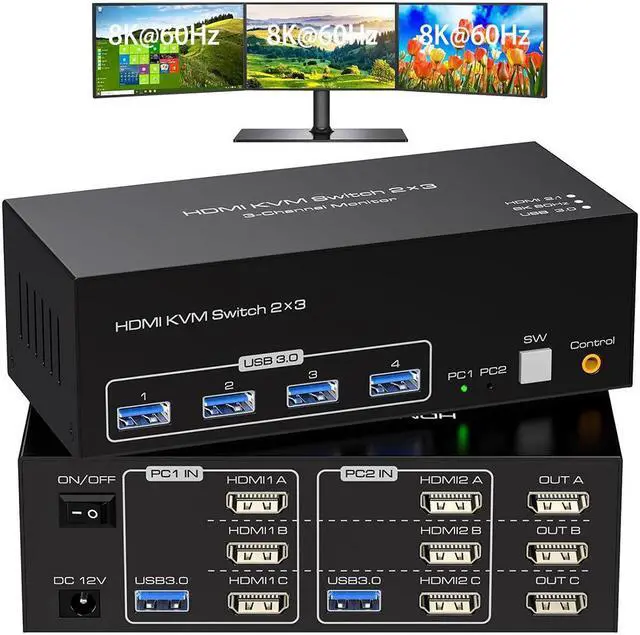 IHDAPP 8K 60Hz HDMI KVM Switch 3 Monitors 2 Computers 4K 120Hz Triple Monitor HDMI USB 3.0 KVM Switches Share 1 Set of Keyboard Mouse Printer Scanner Between 2 PCs or Laptops with Wired Controller
