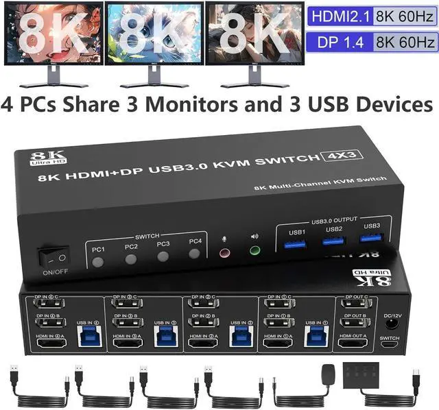 IHDAPP 8K 60Hz KVM Switch 3 Monitors 4 Computers 4K 144Hz 2 DisplayPort +1 HDMI KVM Switch Triple Monitor for 4 Computer with Audio and 3 USB 3.0 Ports 3 Monitor KVM Switches Keyboard Mouse Switcher