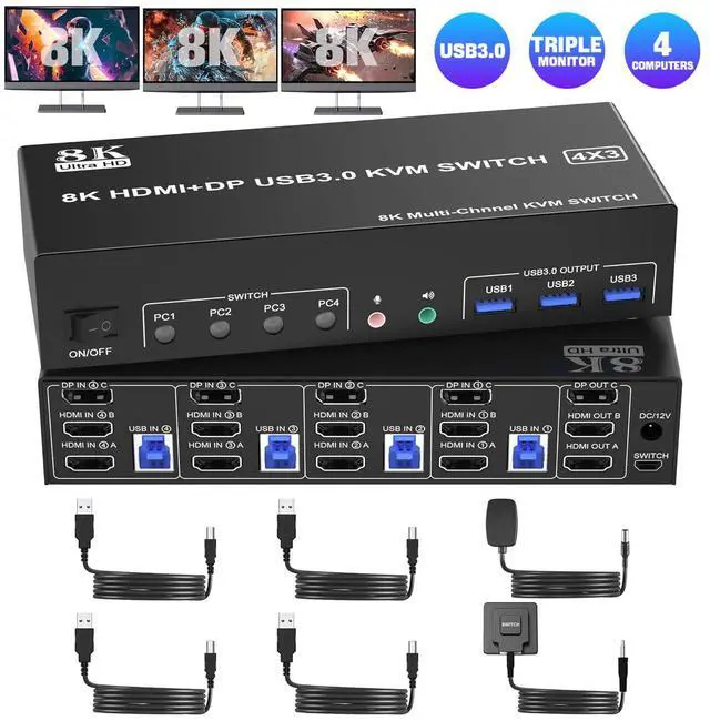 IHDAPP 8K 60Hz KVM Switch 3 Monitors 4 Computers 4K 144Hz 2 HDMI +1 DisplayPort KVM Switch Triple Monitor for 4 Computer with Audio and 3 USB 3.0 Ports 3 Monitor KVM Switches Keyboard Mouse Switcher