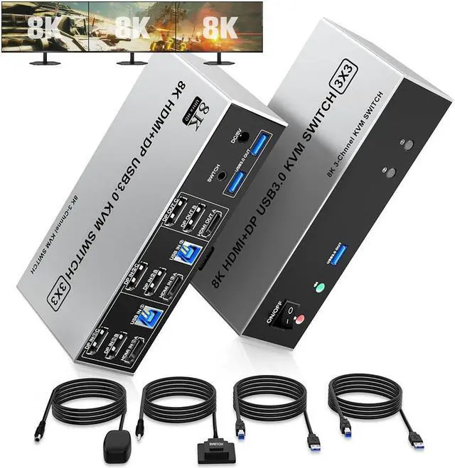 IHDAPP 8K 60Hz USB 3.0 2 Displayport+HDMI KVM Switch Triple Monitor 2 Computer 2PC Share 3 Monitors (HDMI+DP+DP) KVM Switch with Audio Microphone and 3 USB3.0 Ports HDMI+2 DP Monitor Switch for 2PCs