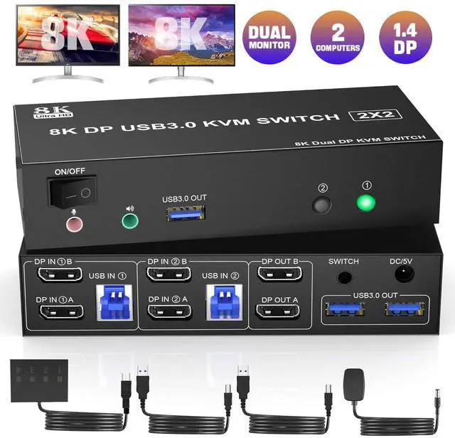 IHDAPP 8K 60Hz USB 3.0 Displayport KVM Switch 2 Monitors 2 Computers DP 1.4 Dual Monitor KVM Switch with Audio Microphone Output and 3 USB 3.0 Ports Wired Remote and 2 USB Cables Included