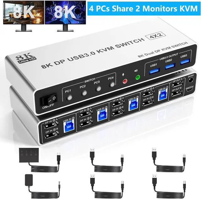 IHDAPP 8K 60Hz USB 3.0 Displayport KVM Switch 2 Monitors 4 Computers 4 Port DP1.4 Dual Monitor Displayport KVM Switch with Audio Microphone and 3 USB3.0 Dual Monitor Displayport KVM Switch for 4PCs
