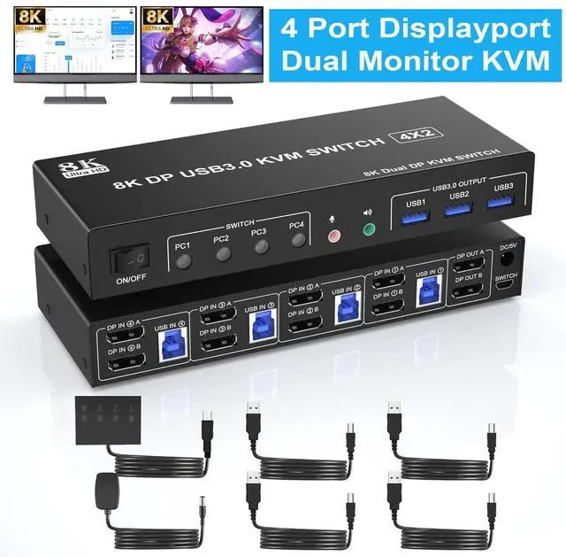 IHDAPP 8K 60Hz USB 3.0 Displayport KVM Switch for 2 Monitors 4 Computers Dual Monitor DP KVM Switch with Audio Output and 3 USB 3.0 Ports 4 Port Dual Monitor Displayport KVM Switch for 4 Computers