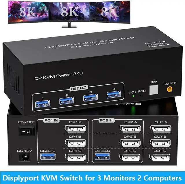 IHDAPP 8K Displayport KVM Switch 3 Monitors 2 Computers 4K 120Hz DP KVM Switches Triple Monitor for 2 PC Share 4 USB 3.0 Ports Support Extended & Copy Display Mode Wired Controller & 12V Adapter