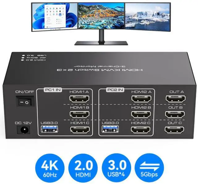 IHDAPP 8K Triple Monitor HDMI KVM Switch 3 Monitors 2 Computers 4K 60Hz KVM Switches with 4 USB 3.0 Ports for 2 Computers Sharing Triple Monitor and 4 USB 3.0 Devices Support Extended & Copy Mode