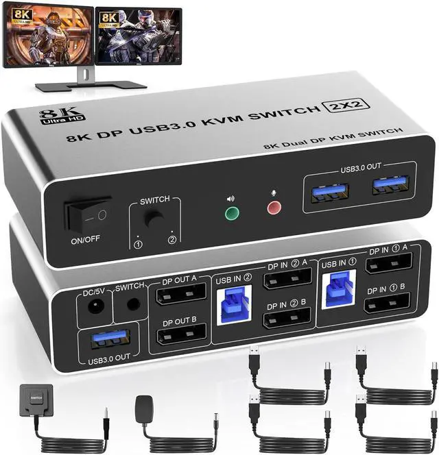 IHDAPP 8K USB 3.0 DisplayPort KVM Switch 2 Monitors 2 Computers 8K 60Hz Dual Monitor DP KVM Switch 2 in 2 Out with Audio Microphone and 3 USB 3.0 Ports 2 Computers 2 Monitors Keyboard Mouse Switcher