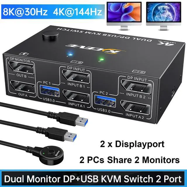 IHDAPP 8K USB 3.0 Displayport KVM Switch 2 Monitors 2 Computers 8K 30Hz 4K 144Hz Dual Monitor Displayport 1.4 KVM Switches with 4 USB 3.0 Port for USB Devices Wired Remote and USB Cables Included