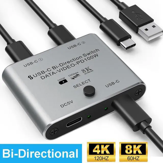 IHDAPP 8K USB C Switch Bi-Directional USB-C KVM Switcher Supports 8K 60Hz/4K 144Hz Video 100W Power Delivery and 10Gbps Data Transfer with Power Cable Compatible with Windows Mac OS Linux