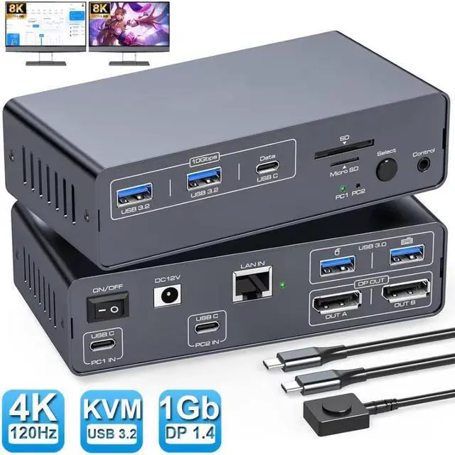IHDAPP 8K USB-C Thunderbolt KVM Switch 4K 120Hz 2 Laptops 2 Monitor Type C 12 IN 1 Docking Station 10Gbps USB Type C Dual Monitor Displayport KVM Switch for Mac-book 2 PC
