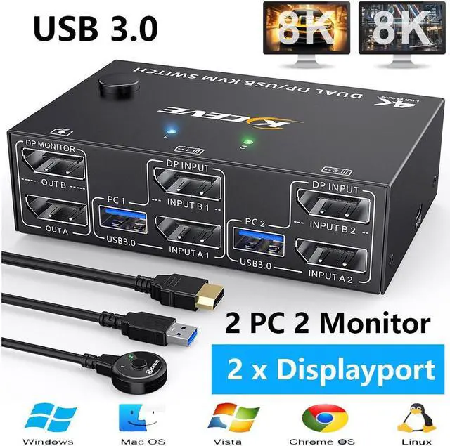 IHDAPP Displayport KVM Switch 2 Monitors 2 Computers 8K 30Hz 4K 144Hz USB 3.0 Dual Monitor KVM Switches Displayport 1.4 2 in 2 Out with 4 USB 3.0 Port for USB Device Wired Remote and 4 Cable Included
