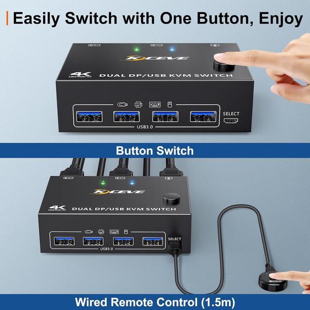 IHDAPP Displayport KVM Switch For 2 Monitors 2 Computers 8K 30Hz 4K 144Hz USB 3.0 Dual Monitor Displayport 1.4 KVM Switches With 4 USB 3.0 Port For USB Devices Wired Remote And 4 Cable Included