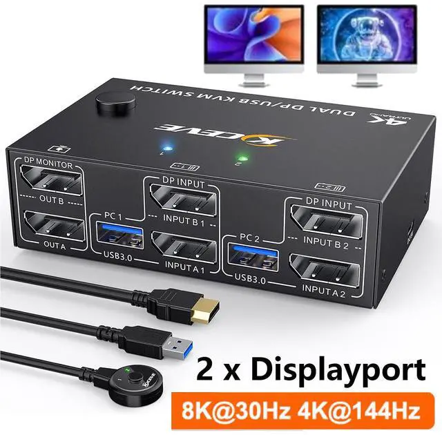 IHDAPP Displayport KVM Switch for 2 Monitors 2 Computers 8K 30Hz 4K 144Hz USB 3.0 Dual Monitor Displayport 1.4 KVM Switches with 4 USB 3.0 Port for USB Devices Wired Remote and 4 Cable Included