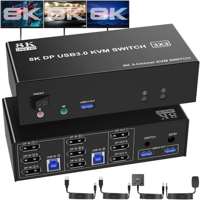 IHDAPP Displayport USB 3.0 KVM Switch 3 Monitors 2 Computers DP1.4 Triple Monitor KVM Switch with Audio Microphone Output and 3 USB 3.0 Ports 8K 60Hz DP KVM Triple Monitor Keyboard Mouse Switcher
