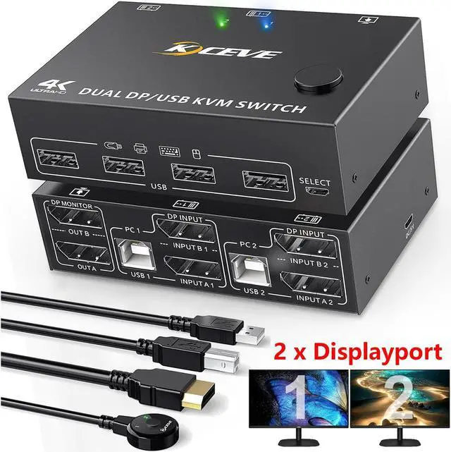 IHDAPP Dual Monitor Displayport KVM Switch 2 Computer 2 Monitors 2 Ports DP1.4 8K 30Hz 4K 120Hz Displayport USB KVM Switcher for 2 Computers Share Keyboard Mouse and Monitor Wired Remote included