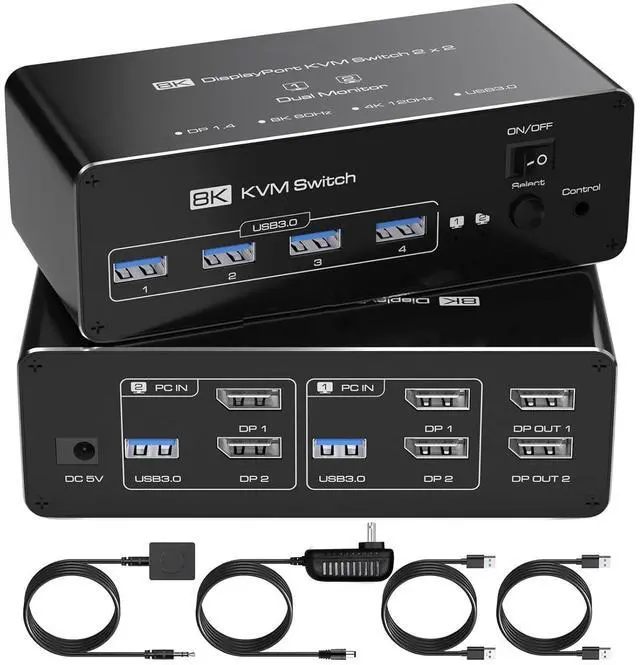 IHDAPP Dual Monitor DisplayPort KVM Switch 2 Monitors 2 Computers 8K 60Hz 4K 144Hz DP KVM Switches for 2 PCs Share 2 Monitors 4 USB 3.0 Ports Supports Extended/Copy Mode with Remote & USB Cables