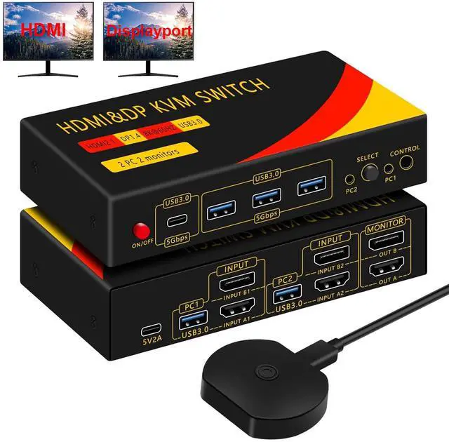 IHDAPP Dual Monitor HDMI + Displayport Switch 2 Monitors 2 Computers DP HDMI KVM Switch 8K 60Hz for 2 computers share 2 monitors and 3 USB-A and 1 USB-C Devices with Desktop Controller & USB Cables
