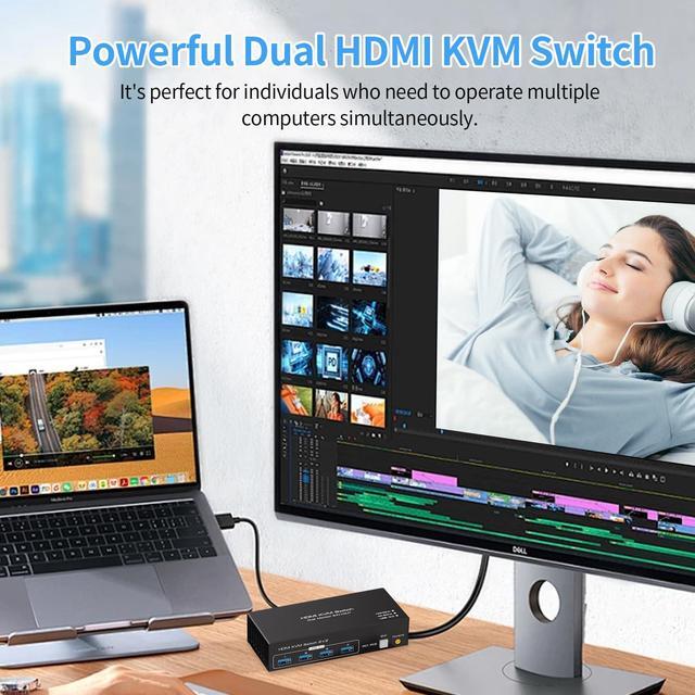 IHDAPP Dual Monitor HDMI KVM Switch 2 Monitors 2 Computers 4K 60Hz USB 3.0 KVM Switcher For 2 PCs Share 1 Set Of Keyboard Mouse Printer And Scanner Support Extended & Mirror Mode With 4 USB 3.0 Ports