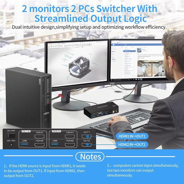 IHDAPP Dual Monitor HDMI KVM Switch 2 Monitors 2 Computers 4K 60Hz USB 3.0 KVM Switcher For 2 PCs Share 1 Set Of Keyboard Mouse Printer And Scanner Support Extended & Mirror Mode With 4 USB 3.0 Ports