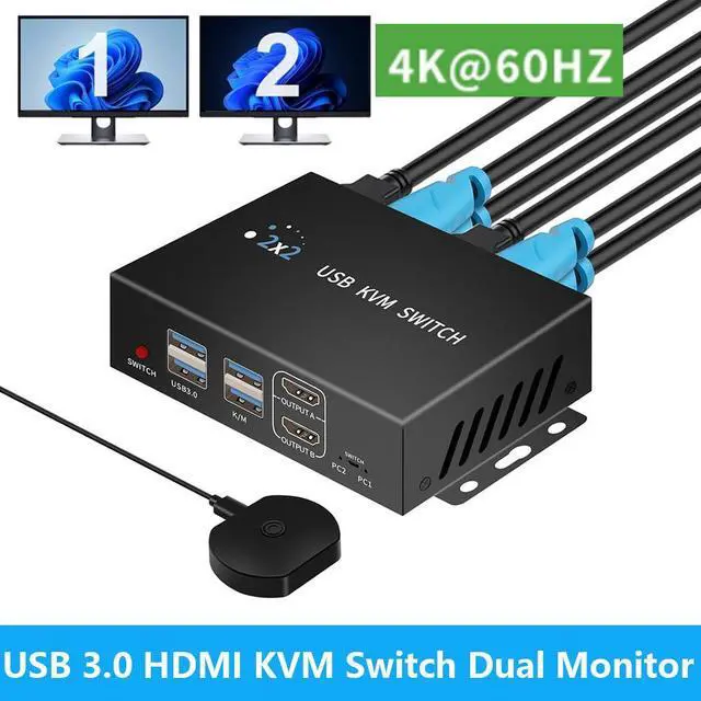 IHDAPP Dual Monitor HDMI KVM Switch 2 Monitors 2 Computers 4K 60Hz HDMI KVM switches 1 monitors 2 Monitor 2 Computers USB switcher 2 computers Keyboard Mouse Switch Button desktop controller switch