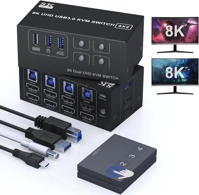 IHDAPP Dual Monitor HDMI KVM Switch 2 Monitors 4 Computers Support 8K 60Hz 4K 120Hz 4 in 2 Out HDMI KVM Switcher PC Extended Display HDMI Monitor Switch for 4 PCs Share 2 Monitors 4 USB Devices