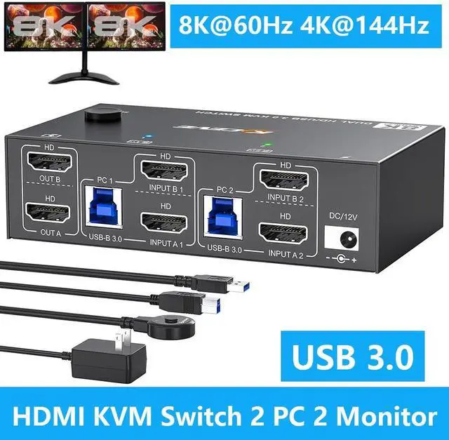 IHDAPP Dual Monitor HDMI KVM Switch 2 PC 2 Monitors 8K 60Hz 4K 144Hz USB 3.0 HDMI KVM Switch with 4 USB 3.0 Ports for Keyboard Mouse Printer with Desktop Controller 12V Power Adapter and USB Cables