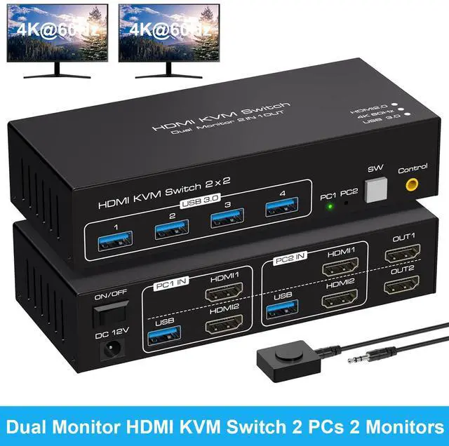 IHDAPP Dual Monitor HDMI KVM Switch 2 Port HDMI 4K 60Hz KVM Switcher for 2 Computers 2 Monitors with 4 USB 3.0 Ports Support Copy and Extended Display and Desktop Control Including 2 USB 3.0 Cable