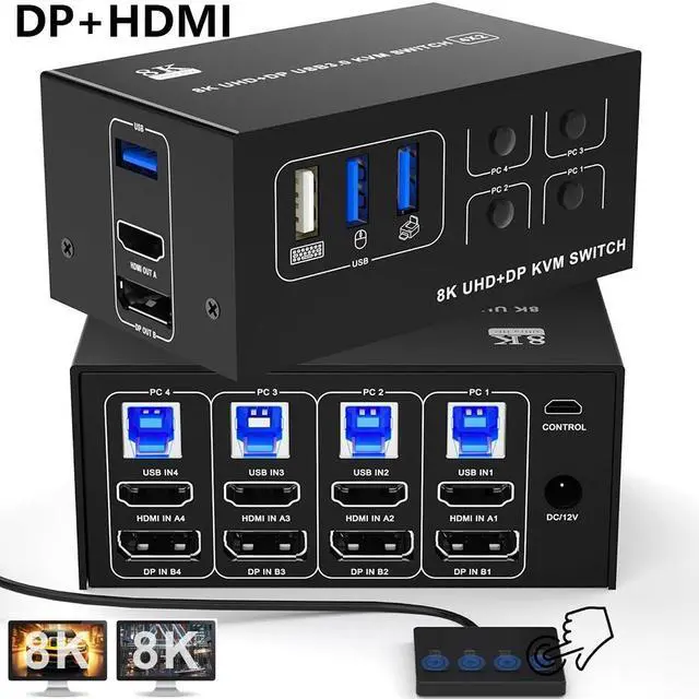 IHDAPP Dual Monitor KVM Switch 4 Computer 2 Monitor - 8K 60Hz 4K 120Hz 4 Port HDMI and Displayport Dual Monitor USB 3.0 KVM Switcher for 4 PC 2 Monitor with 4 USB Ports with Desktop Controller