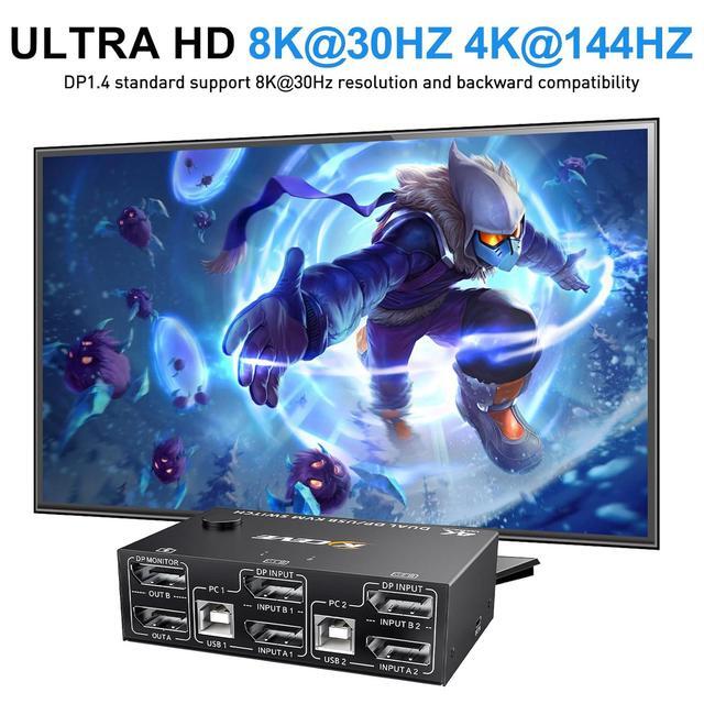 IHDAPP Dual Monitor KVM Switch USB Displayport KVM Switch 2 Monitors 2 Computers 8K 30Hz 4K 144Hz 2 In 2 Out DP KVM Switch With 4 USB Ports For USB Devices Wired Remote And USB Cables Included