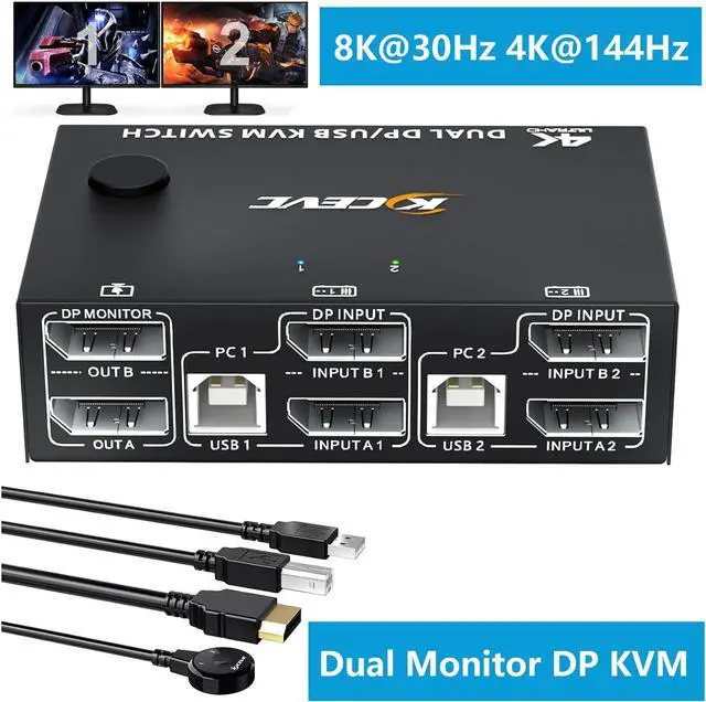 IHDAPP Dual Monitor KVM Switch USB Displayport KVM Switch 2 Monitors 2 Computers 8K 30Hz 4K 144Hz 2 in 2 Out DP KVM Switch with 4 USB Ports for USB Devices Wired Remote and USB Cables Included