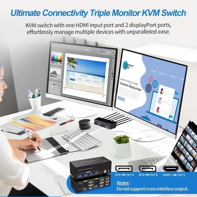 IHDAPP HDMI + 2 Displayport Triple Monitor KVM Switch 8K 60Hz 3 Monitors 2 Computers 4K 120Hz USB 3.0 DP KVM Swticher For 2 PC Share 3 Monitors And 4 USB Devices Support Extended & Copy Mode