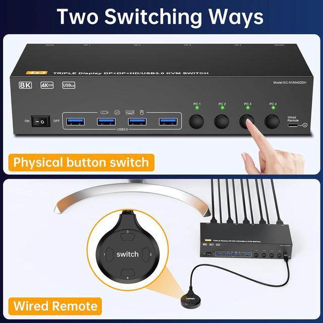 IHDAPP HDMI + 2 Displayport Triple Monitor KVM Switch 3 Monitors 4 PCs 8K 60Hz/4K 144Hz KVM Switches With 4 PCs Share 3 Display & 4 USB 3.0 Devices Wired Remote Power Adapter USB3.0 Cables Included
