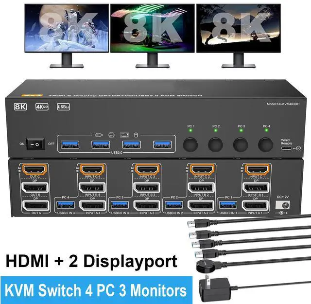 IHDAPP HDMI + 2 Displayport Triple Monitor KVM Switch 3 Monitors 4 PCs 8K 60Hz/4K 144Hz KVM Switches with 4 PCs Share 3 Display & 4 USB 3.0 Devices Wired Remote Power Adapter USB3.0 Cables Included