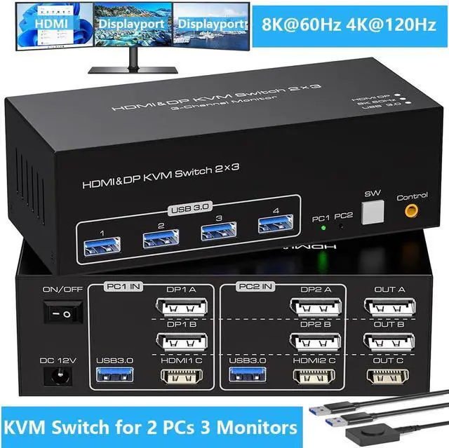 IHDAPP HDMI + 2 Displayport Triple Monitor KVM Switch 8K 60Hz 3 Monitors 2 Computers 4K 120Hz USB 3.0 DP KVM Swticher for 2 PC Share 3 Monitors and 4 USB Devices Support Extended & Copy Mode