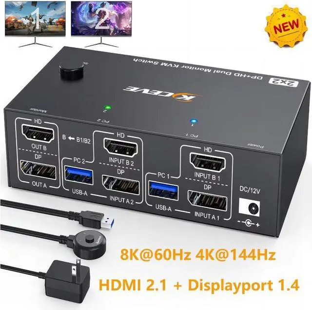 IHDAPP HDMI + Displayport KVM Switch 2 Monitors 2 Computers Dual Monitor USB 3.0 DP HDMI KVM Switcher Supports 8K 60Hz for 2 Computers Share Keyboard Mouse and 2 Monitors Wired Remote included