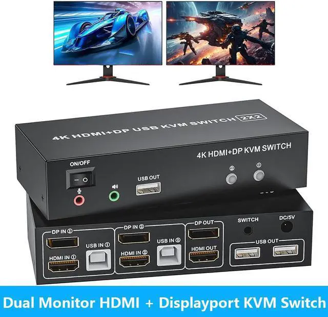 IHDAPP HDMI Displayport KVM Switch 2 Monitors 2 Computers 4K 60Hz KVM Switch w/Audio Microphone Supports Extended/Mirror Mode Dual Monitor KVM Switch for 2 PC Share 1 Set of Keyboard Mouse Printer
