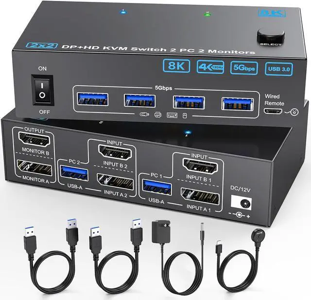 IHDAPP HDMI + Displayport KVM Switch 2 PC 2 Monitors 8K 60Hz 4K144Hz KVM Switch Dual Monitor for 2 Computers Share 2 Monitors and 4 USB 3.0 Devices. With USB Cables Power Adapter &Desktop Controller