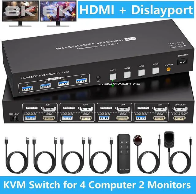 IHDAPP HDMI + Displayport KVM Switch 4 Computer 2 Monitors 8K 60Hz Dual Monitor USB 3.0 KVM Switcher for 4 PC Share 2 Monitors and 4 USB 3.0 Devices Support DP 1.4 HDMI 2.1 Includes 4 USB 3.0 Cables