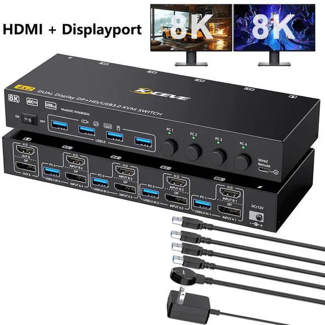 IHDAPP HDMI + Displayport KVM Switch 4 Computers 2 Monitors 8K 60Hz 4K 144Hz USB 3.0 Dual Monitor KVM Switches for 4 PC Share 2 Monitors and Keyboard Mouse and Printer with Wired Remote