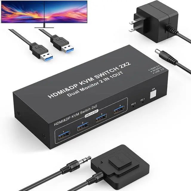 IHDAPP HDMI + DP KVM Switch 2 Monitors 2 Computers 4K 60Hz HDMI + Displayport Dual Monitor KVM Switches 2 in 2 Out for 2 PC Share Mouse Keyboard and 2 Screens with USB 3.0 Cables & Wired Controller
