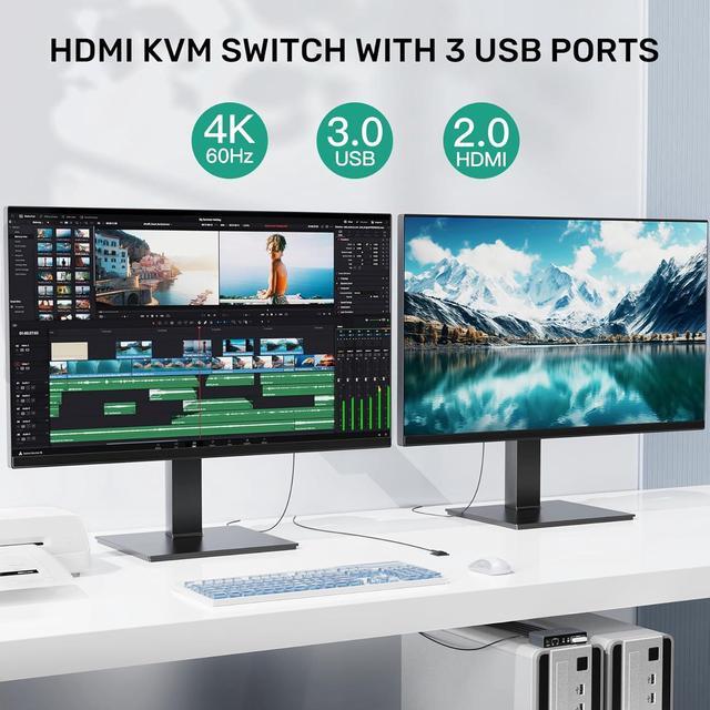 IHDAPP HDMI KVM Switch 2 Monitors 2 Computers Dual Monitor KVM USB Switcher 4K 60Hz HDMI Extended/Mirror Display For 2 PC Share 2 Monitors With 3 USB 3.0 Port Desktop Controller And 2 USB Cables