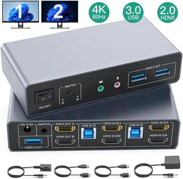 IHDAPP HDMI KVM Switch 2 Monitors 2 Computers Dual Monitor KVM USB Switcher 4K 60Hz HDMI Extended/Mirror Display for 2 PC Share 2 Monitors with 3 USB 3.0 Port Desktop Controller and 2 USB Cables